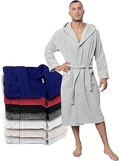 Men's Bathrobe, 100% Cotton (350 g/m²) Oeko-Tex® Certified, Bathrobe with Hood, 2 Pockets, Belt