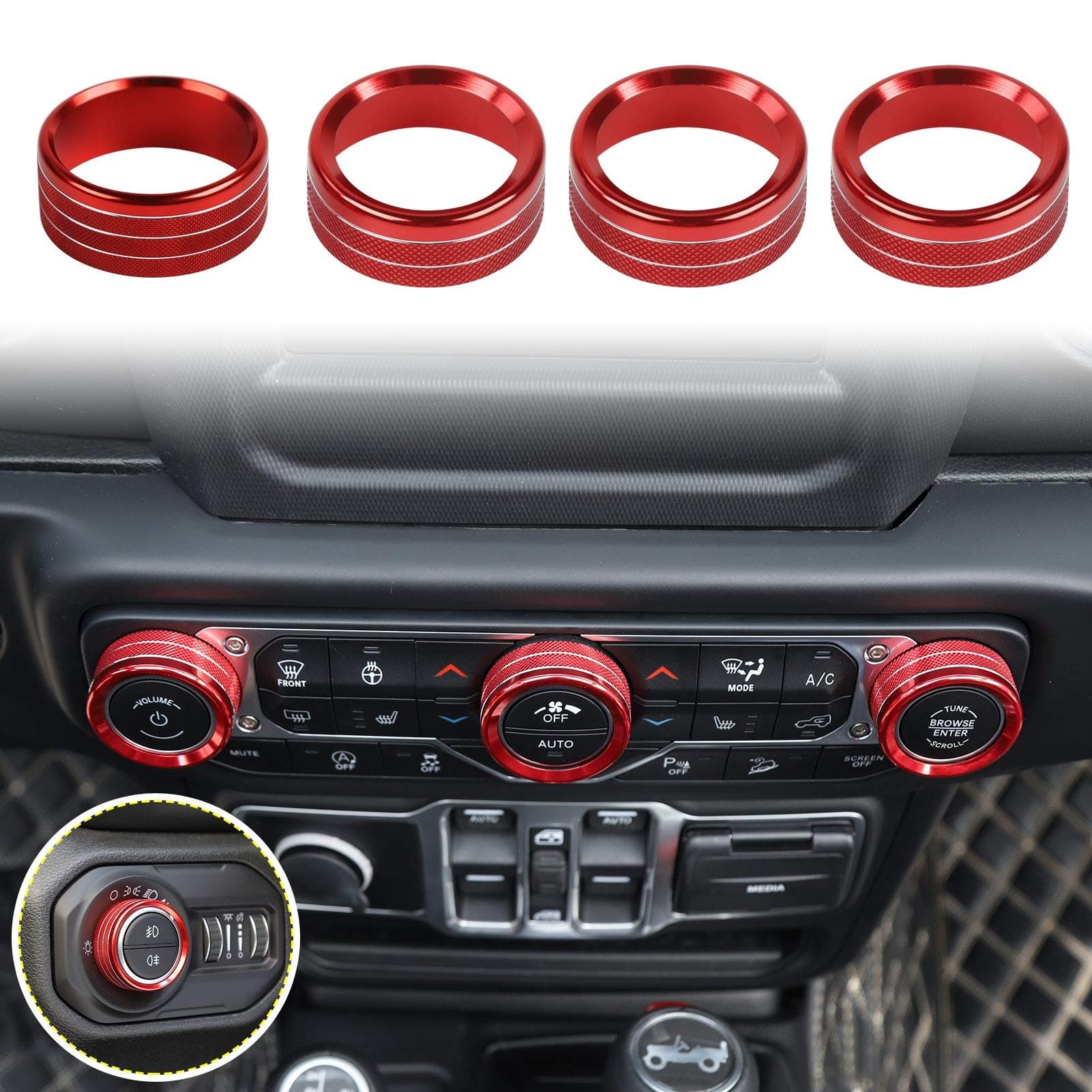Voodonala Air Conditioner Headlight Center Consoles Switch Knob Cover Trim for 2018-2026+ Jeep Wrangler JL JLU Gladiator JT 4XE Interior Accessories, Red Aluminum Alloy 4pcs