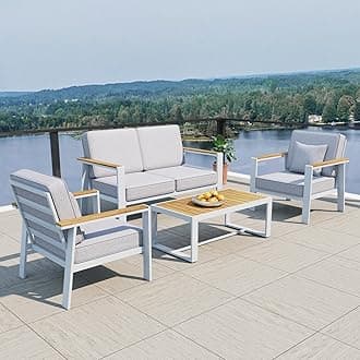 Aluminum Patio Furniture Set,4 Seat Outdoor Conversation Set with Thick Cushions and Coffee Table,Modern Metal Patio Sofa Set White