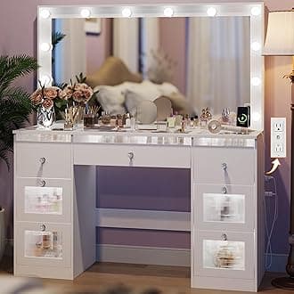 Vanity Desk with Mirror and Lights 3 Colors, Glass Top Vanity with 7 Lighted Drawers & Power Outlet, Makeup Desk with Mirror for Women & Girls, Dressing Table for Bedroom, White