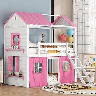 Harper & Bright Designs Twin Over Twin Bunk Bed, Wood Twin Size House Bed with Elegant Windows, Sills and Tent, Pink+White