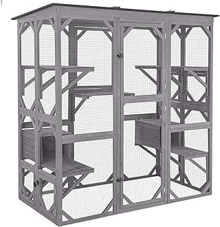 Cat House Outdoor Catio Kitty Enclosure with Super Large Enter Door,Wooden Cat Cage Condo Indoor Playpen with Platforms,Small House 71 Inch