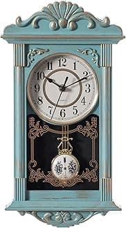 Clockswise Vintage Grandfather-Style Wall Clock with Wood-Effect Plastic Pendulum Battery-Operated for Home Decor Living Room Home Office Kitchen or Dining Room (Blue, 16 Inch)