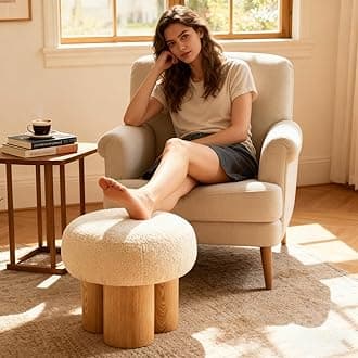 Round Foot Stool, Small Mushroom Ottoman Footstools Modern Pouf Boucle Ottoman, Teddy Foot Rest for Couch Sofa Comfy Floor Footrest Step Stool for Living Room,Bedroom,Desk,Office(Beige)