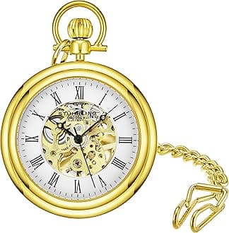 Stuhrling Original Men's Pocket Watch Stainless Steel Analog Skeleton Watch Hand Wind Mechanical Movement Stainless Steel Chain