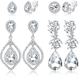 4 Pairs Silver Clip on Earrings for Women Elegant Rhinestone Clip on Earrings Dangle Drop for Brides Bridesmaids Non Pierced Earrings Set