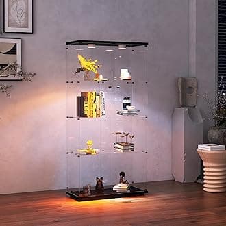 Frameless Glass Display Cabinet, Curio Cabinet Display Case with LED Lights and Lock, 2 Doors Quick-Install Floor Standing Showcase Display Shelf for Collectibles, Legos, Figures, Plants