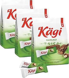 Swiss Milk Chocolate Covered Mini Wafers with Hazelnut Cream Filling by Kägi, Crispy Coated Sweet Snacks, Premium Individually Wrapped Treats, Chocolates Gifts, 3 Pack of 125g Bags