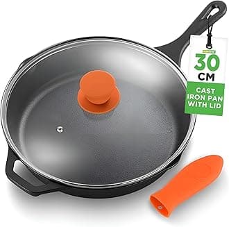 Cast Iron Skillet Pan w/ Lid, Pre Seasoned Cast Iron Pan, Cast Iron Frying Pans Nonstick, Oven Safe Cookware w/ Silicone Handle, Drip Spout, Indoor/Outdoor Use, For Induction & All Cooktops