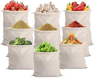 (Set of 9) Cotton Reusable Fridge Storage Bags for Vegetables and Fruits Bags, Storage Bags for Vegetables, Fruits, Spices, Pasta, Multipurpose Eco Friendly Vegetables Bags