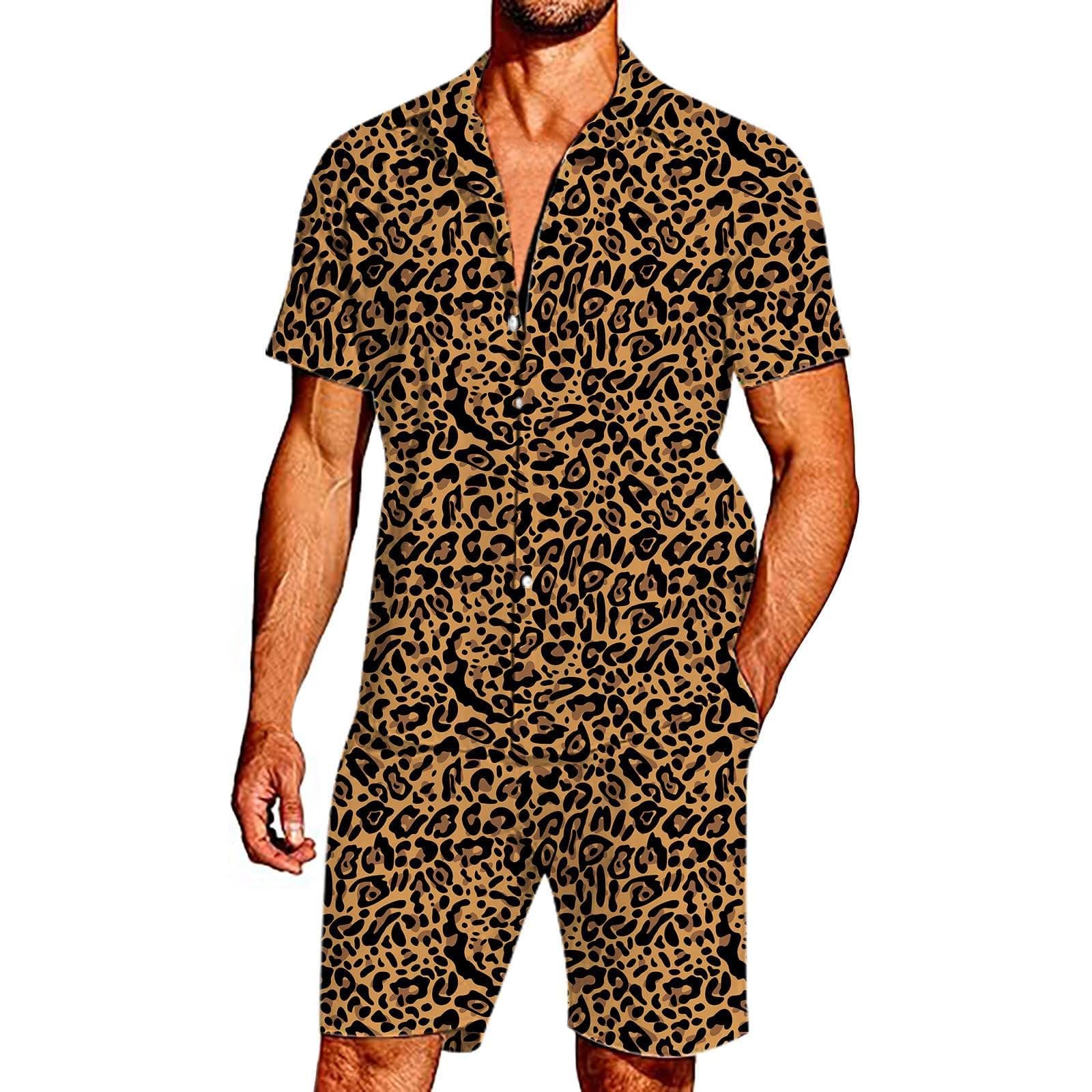 Men's Leopard Print Shirt Set Stylish Leopard Print Patchwork Regular Fit Shirt Stretch Tech Performance Golf Short Sleeve Design Short Sleeve Button Down Shirt for Club Party