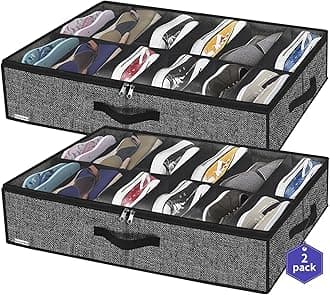 Onlyeasy Sturdy Under Bed Shoe Storage Organizer Set of 2, Fits 24 Pairs Total, Underbed Shoes Closet Storage Solution with Clear Window, Breathable, 29.3"x23.6"x5.9", Linen-Like Black, MXAUBSB2P