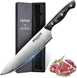 Huusk Damascus Chef Knife 8 Inch, VG10 Kitchen Knives, Sharp Cooking Knife With Ergonomic Wooden Handle For Vegetable Fruit And Meat Cutting, Christmas Gift for Men and Women
