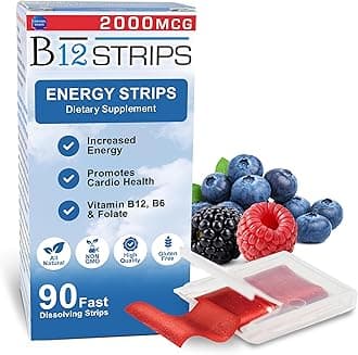 2,000 mcg Methylcobalamin Vitamin B12 Sublingual Energy Strips | Biotin, B6, 5-MTHF L-Methylfolate | Sublingual B12 Vitamins, Folate | Energy, Brain Health, Nerve Function - 90 Strips