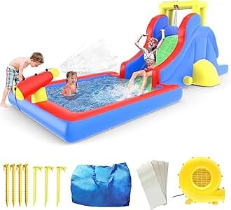 PicassoTiles KC108 Kids Inflatable Slide Park with Pool Splash Zone, Bouncing House, Climbing Wall, Built-in Sprayers, Cannon Mount, and Heavy Duty GFCI ETL Certified 385W Blower Outdoor Summer Fun