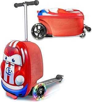 Kiddietotes 3-D Hardside Scooter Ride On Suitcase for Kids - Cute Lightweight Kids Luggage with Wheels - Fun LED Lights