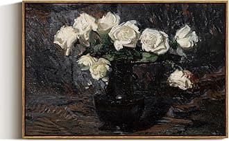 VIYYIEA Framed Canvas Wall Art Home Decor Vintage Flower Wall Decor White Roses in Vase Rustic Farmhouse Prints Mid Century Pictures Bedroom Art Floral Room Aesthetic for Living Room Bathroom 20x30in