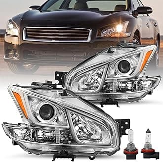 JSBOYAT Halogen Headlight Assembly Replacement for 2009-2014 Maxima 4-Door Sedan Projector Headlamp Driver and Passenger Side Chrome Housing with Amber Reflector (Bulbs Included)