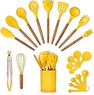 Silicone Kitchen Utensils Set & Holder: Cooking Utensils Set - Kitchen Essentials for New Home & 1st Apartment- Silicone Spatula Set, Cooking Spoons for Nonstick Cookware (Acacia Wood, Yellow)