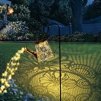 GIGALUMI Solar Watering Can Lights Outdoor Garden, Waterproof Metal Water Can Ornaments with String Lights, Solar Hanging Lantern with Bracket for Yard Lawn Pathway Patio (Large Flower) [Energy Class A]