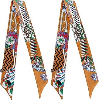 Mulberry Silk Scarf for Handbags,Bags, and Purse，2 Pcs 2"x35" Hair Ribbon Skinny Neck Fashion Scarves for Women