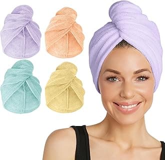 4-Pack Microfiber Hair Towel for Beauty, Travel, Gifting - Hair Wrap Turban for Straight, Wavy & Curly Hair - Premium Personal Care - Bermuda, Purple, Lilac & Lemon