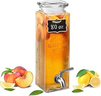 Kook Drink Dispenser, 80 oz, Water Dispenser Countertop, Glass Drink Dispenser, Beverage dispenser, with Leak-Proof Spigot, Clear Rectangular Jar, Storage for Party, Fridge, for Water, Iced Tea