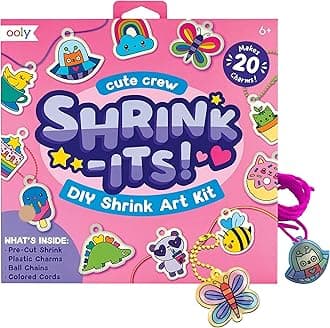 Ooly Shrink-Its 28 PC DIY Shrinking Art Kit That Creates Charms and Tags, Includes 20 Plastic Pre Cut Charms and More, No Mess Art for Kids, DIY Creative Activity, Ideal Party Favor - Cute Crew