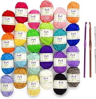 Crochet and Knitting Starter Kit for Colorful Arts and Crafts - 24 Yarn Skeins with 525 Yards of Multicolored Thread, 2 Hooks, 2 Weaving Needles - Make Amigurumi, Scarves, and Throws