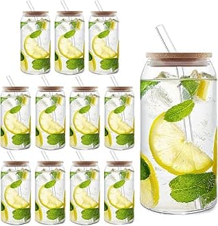 HOMBERKING Glass Cups with Bamboo Lids and Straws 12pcs Set, 20oz Can Shaped Glass Cups, Beer Glasses, Iced Coffee Cup, Cute Tumbler Cup with Cleaning Brushes, Ideal for Cocktail, Whiskey, Tea