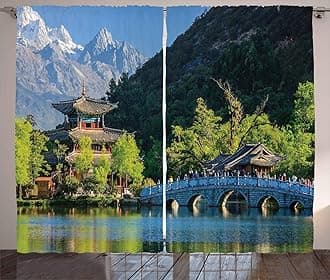 Ambesonne Vintage China Curtains, Old Town Scene of Lijiang Black Dragon Pool Park Jade Dragon Snow Mountain, Living Room Bedroom Window Drapes 2 Panel Set, 108" X 96", Blue Green