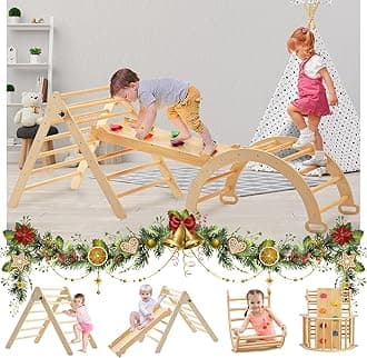 FUNLIO Foldable Pikler Triangle Set (3 Piece), Montessori Climbing Set with Solid Wood for Toddlers 2-6 yrs, Adjustable 5-in-1 Indoor Play Gym with Arch/Slide/Climbing Rock/Triangle, Easy to Install