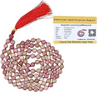 Crystal HeavenCertified Pink Rhodonite Crystal Japa Mala Ganthi - 108 Beads Buddhist Prayer Beads - AAA Grade Original Healing Gemstone Agate Mala for Yoga Meditation Spiritual Reiki Feng Shui
