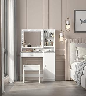 Palimder Vanity Desk with Mirror & Light, Large Drawer Three Level Storage Dresser, 3 Lighting Modes Adjustable Brightness, Bedroom Dressing Table (White Stool)