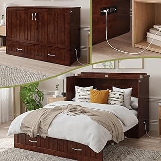 AFI, Southampton Murphy Bed Chest Full with 6" Mattress, Built-in USB Charger & Storage Drawer, Walnut
