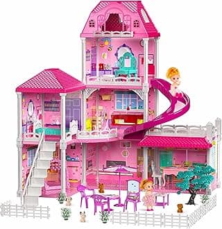 TEMI Villa Toys for 3-8 Years Old Girls - 3 Storeys 6 Rooms Indoor Playset with 2 Dolls, Furniture and Accessories, Pretend Girls Plays, Building Toys, Gifts for Kids 3-5