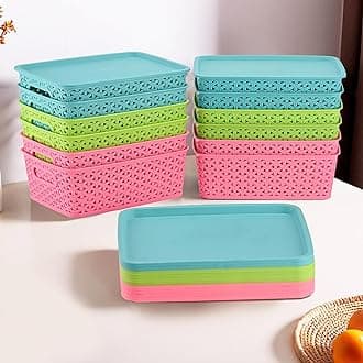 Kuber Industries 12 Pcs Stackable Plastic Storage Box with Lid | H5 Multi-Purpose Basket for Storage - Ideal Home Organizers for Baby Dress, Stationary, Medicine & Pooja Items | Multicolor