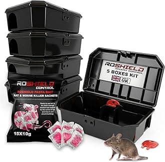 Roshield Black Tamper-Proof Mouse Bait Boxes & 15 Pasta Sachet Mice Killer Kit | Safe Control Around Children & Pets (150g Pack)