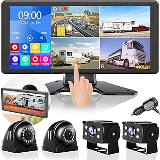 4K RV Backup Camera System 10.36" Quad Split Touch Screen Monitor with 4 1080P Rear Side View Camera, DVR Recording Bluetooth MP3 MP5 IP69 Waterproof Night Vision for RV Truck Semi Trailer Bus Tractor