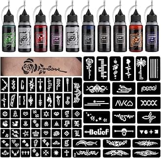 STIGMA Temporary Tattoo Kit 10 Bottles Color Inks, 84 Pcs Stencils Kit for Body Paint DIY Tattoos Temp, DIY Fake Tattoo for Women Kids (Black*2, Cyan, Red, Green, Blue, Purple, Brown*2, Orange)