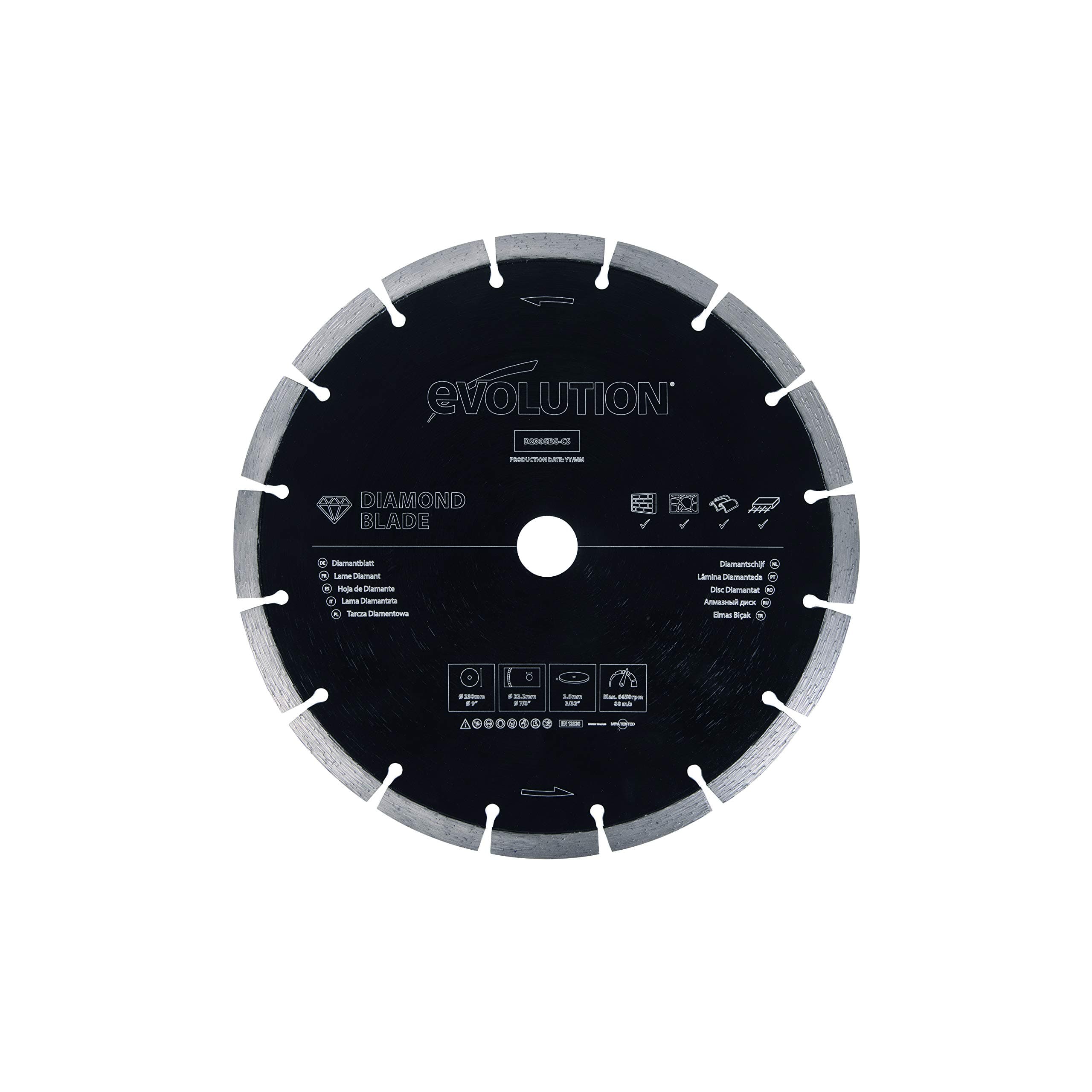 Evolution 9 Inch Diamond Blade with Segmented Edge, 7/8 in Bore, Concrete, Stone, Brick Cutting Diamond Blade, Black