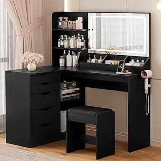 YESHOMY Vanity Desk with Lights and Mirror, L Shaped Makeup Table, Dresser with Hairdryer Holder and Power Outlet, Adjustable 3 Lighting Modes, 5 Drawers and Adjustabled Open Storage Shelves, Black