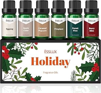 Fragrance Oil, ESSLUX Holiday Set of Scented Oils, Soap & Candle Making Scents, Christmas Essential Oils Gift Set for Home Diffuser, Apple Cider, Forest Pine, Eggnog, Berry Bliss and More
