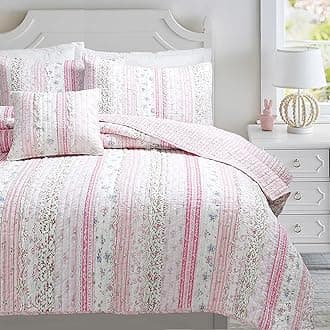 Cozy Line Home Fashions Shabby Chic Pink Flower Lace Ruffle Stripe 100% Cotton Reversible Quilt Bedding Set, Coverlet, Bedspread (Pink, Queen - 4 Piece: 1 Quilt + 2 Sham + 1 Décor Pillow)