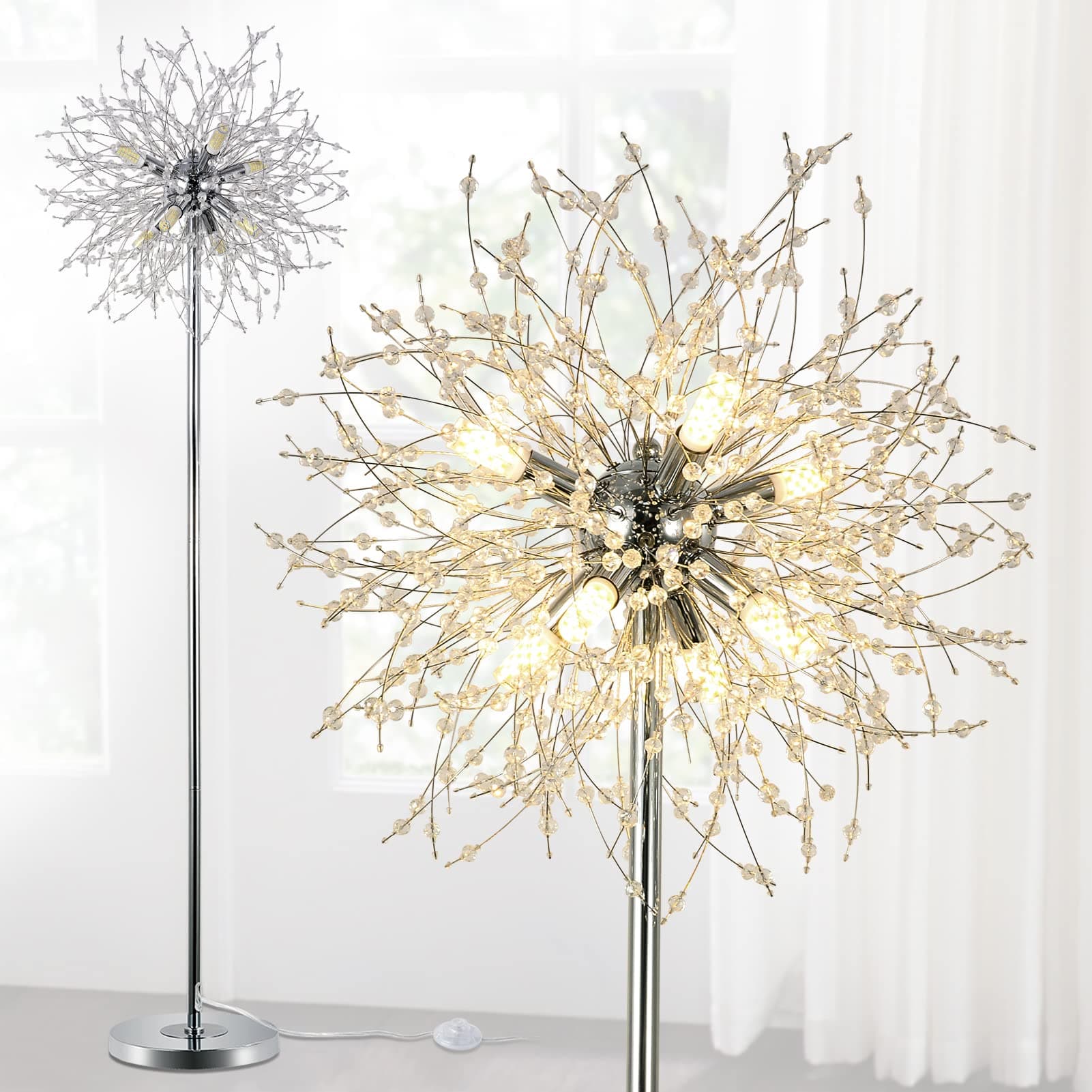 Modern Crystal Fireworks Floor Lamps, Chrome Standing Lamp with Foot Switch, 8 Lights, 170cm, Glass Metal Tall Pole Tree Lighting for Living Room, Bedroom, Corner, Sofa