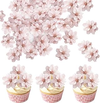 40 Pack Edible Cherry Blossom Cupcake Toppers - Cherry Flowers Cake Toppers Rice Paper Wafer Paper Cake Picks for Bridal Shower Baby Shower Kids Birthday Cake Decorations - Light Pink