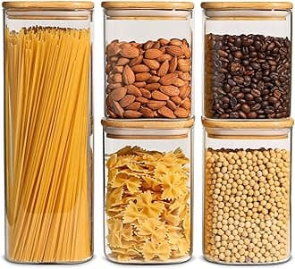 ComSaf Glass Storage Jars w/ Bamboo Lid Set of 5, Clear Food Storage Container Jar w/ Sealing LidNoodles Flour Cereal Rice Sugar Tea Coffee Beans, Square, Transparent, 800mlx2,1100mlx2,2100mlx1