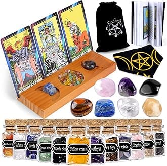 YixangDD Tarot Cards with Guide Book Include 1 Deck of 78 Cards 、12 Mini Crystal Jars，1 Tarot Card Holder Stand,7 Chakra Stones，1 Cloth ，1 Velvet Bag