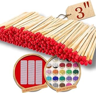 200 Count - 3" Long Red Color Matches | Three Inch Coloful Loose Wooden Safety Match Sticks for Candle Display | Refill Decorative Jar Holder Bottle | Striker Included