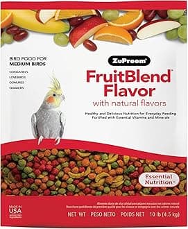 ZuPreem FruitBlend Bird Food, Bird Feed Pellets for Cockatiel, Lovebird, Quaker, Small Conure, Lorikeet, Core Nutrition with Natural Fruit, Cockatiel Food, Conure Feed, (Medium, 10 lb Bag)